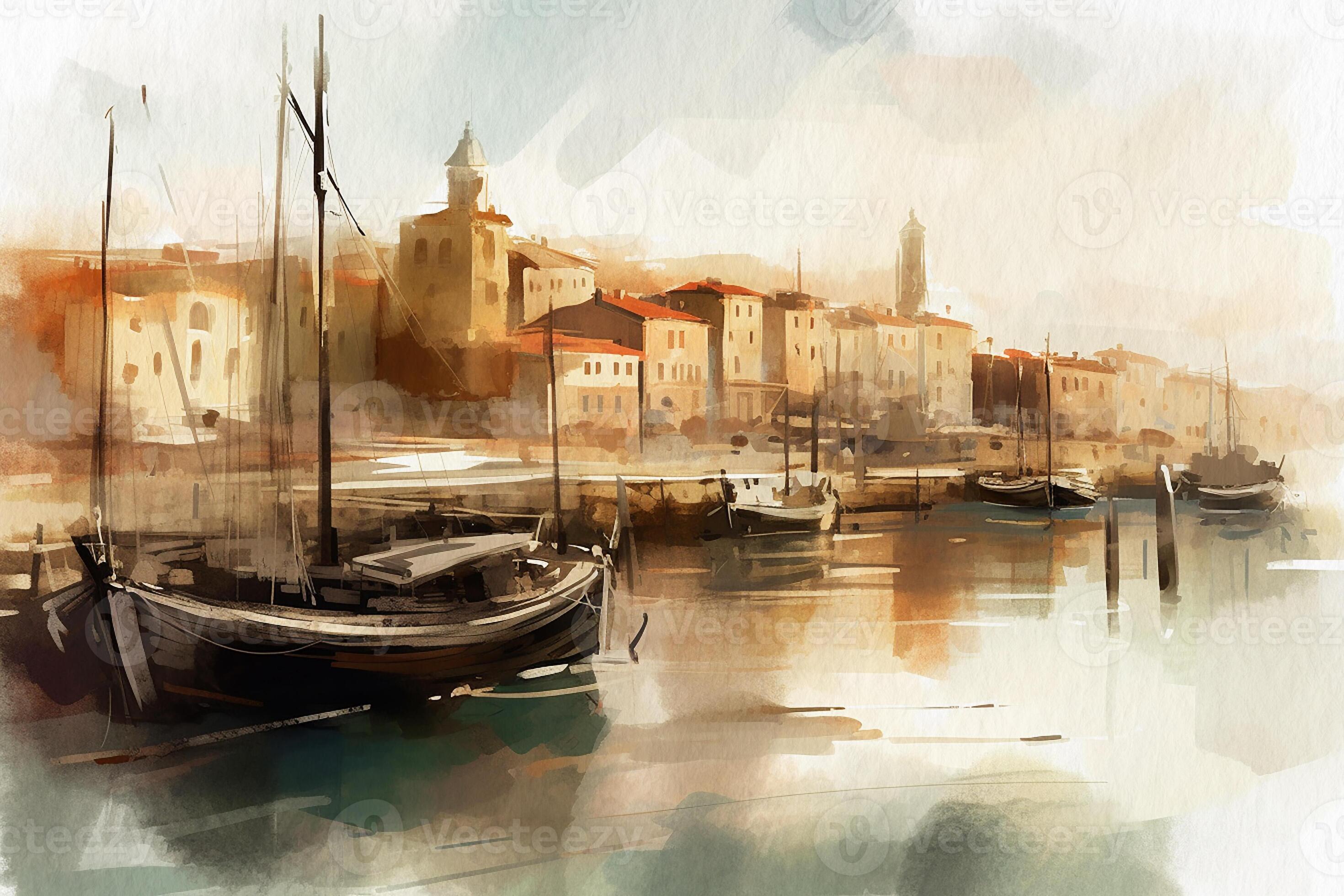 Harbor retro harbor with boats and pier seascape painted with