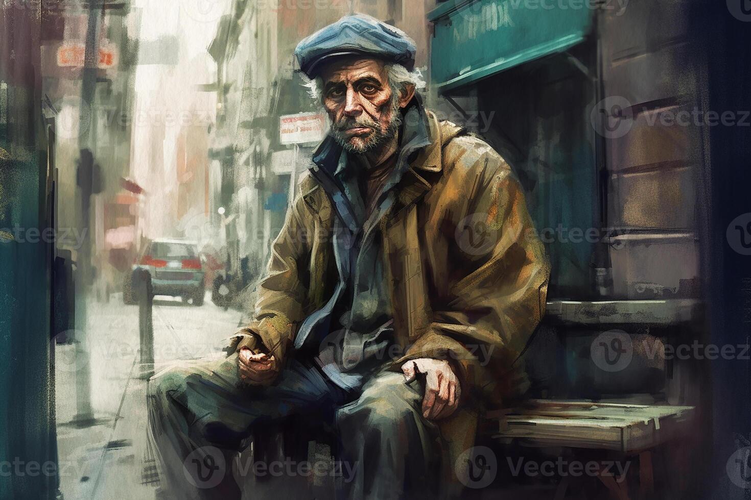 Homeless man on the streets of New York, portrait painted in watercolor on textured paper. Digital Watercolor Painting. photo