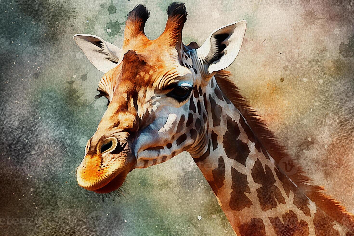 Giraffe, portrait of an animal looking straight ahead, watercolor painting on textured paper. Digital watercolor painting. photo