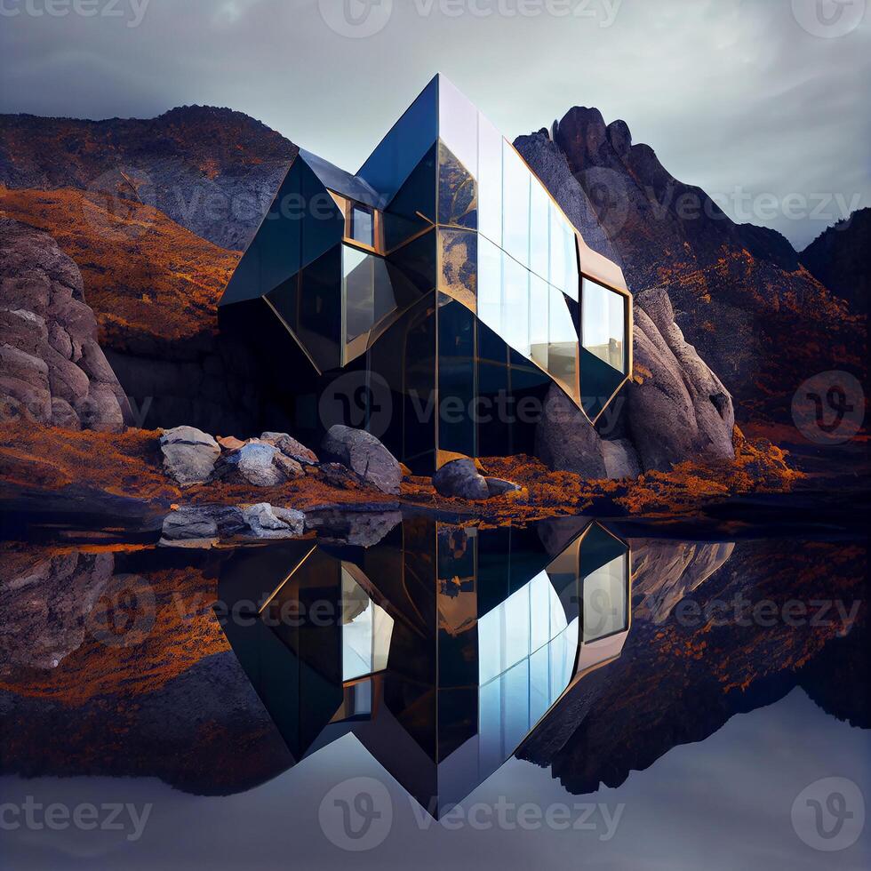 A cutting-edge, invisible mirror house in the mountains by a lake. Architecture. photo