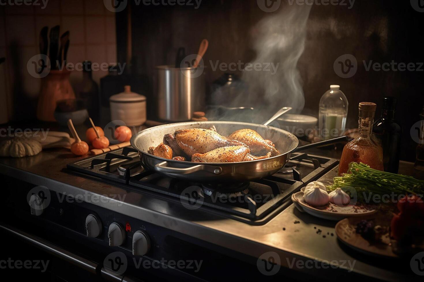 A mouthwatering dish of pan-fried chicken legs in the kitchen. Chef. photo