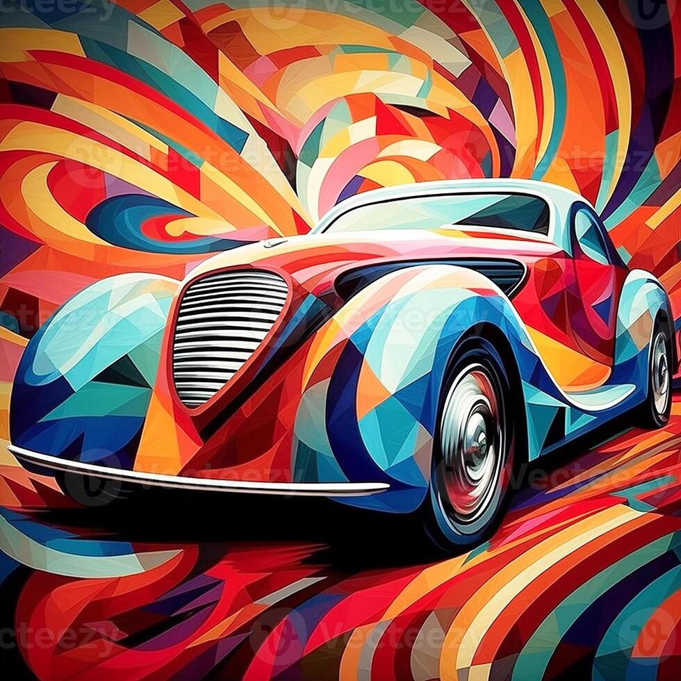 Picasso-style retro car. Art poster. photo