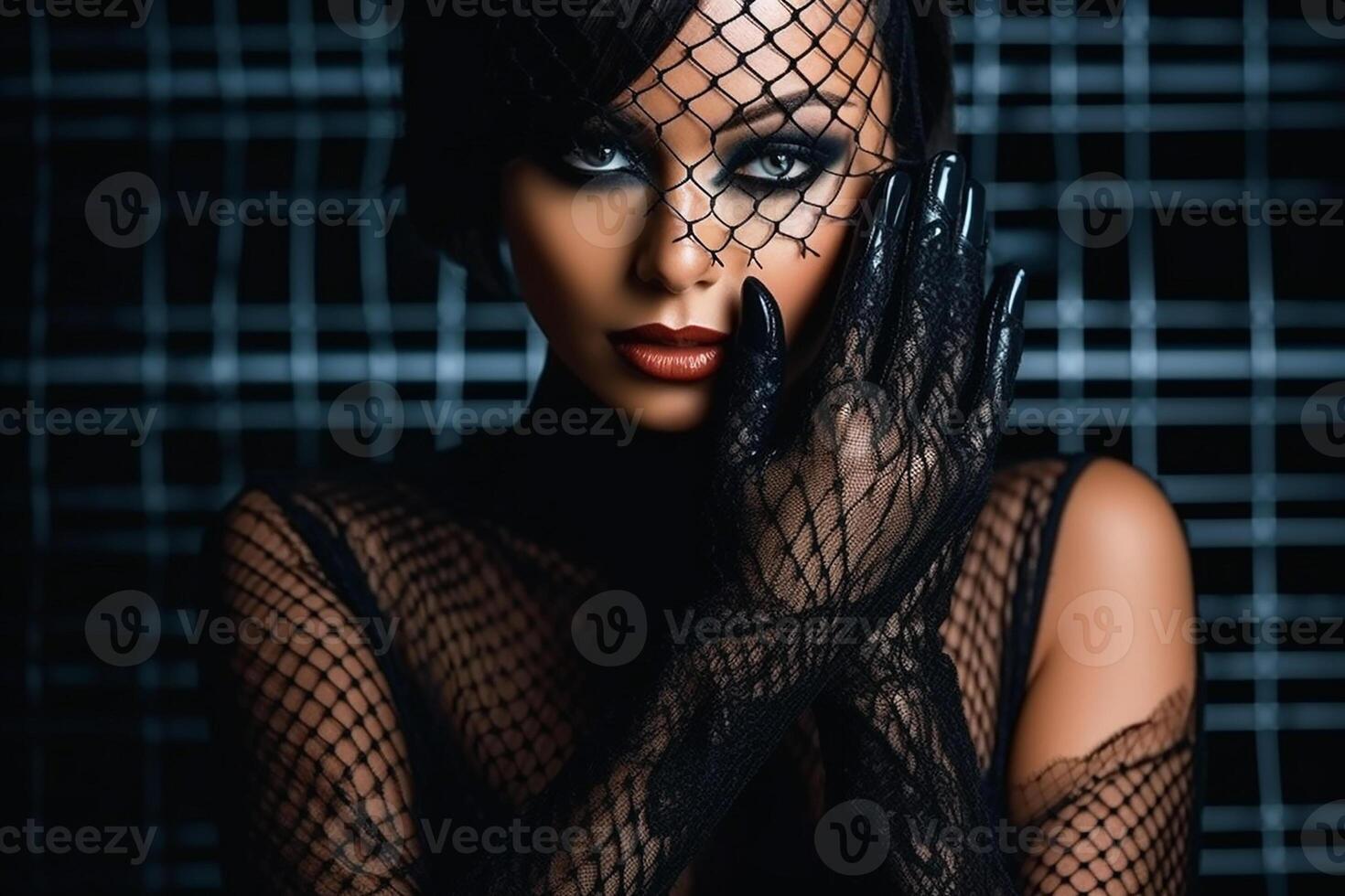 Evil woman, very beautiful and gorgeous, wearing fishnet gloves and long dress, tanned and toned body, captivating look. photo