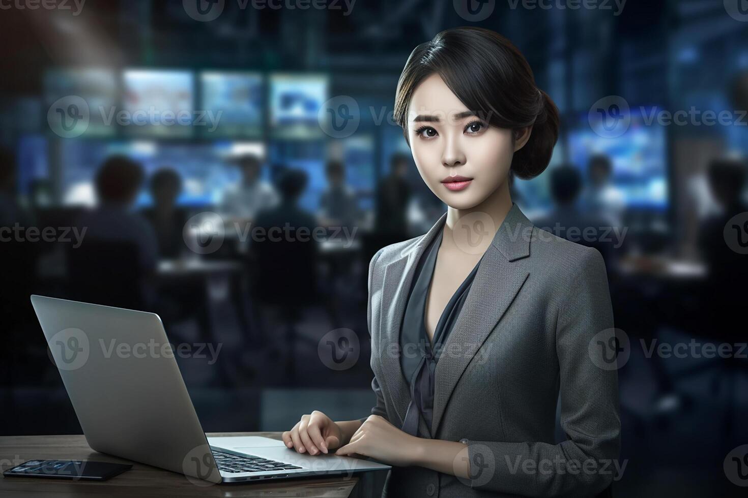 Korean young girl in the office. TV hostess girl in the studio. photo