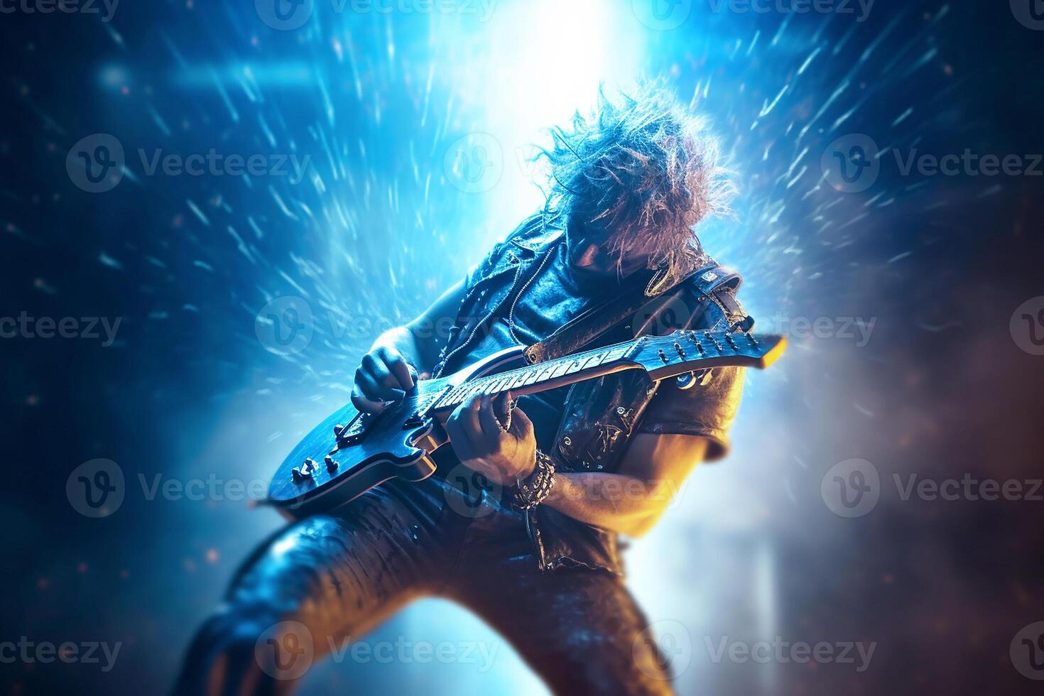 Rock guitarist, metal rockstar playing guitar with lightning on the strings. photo