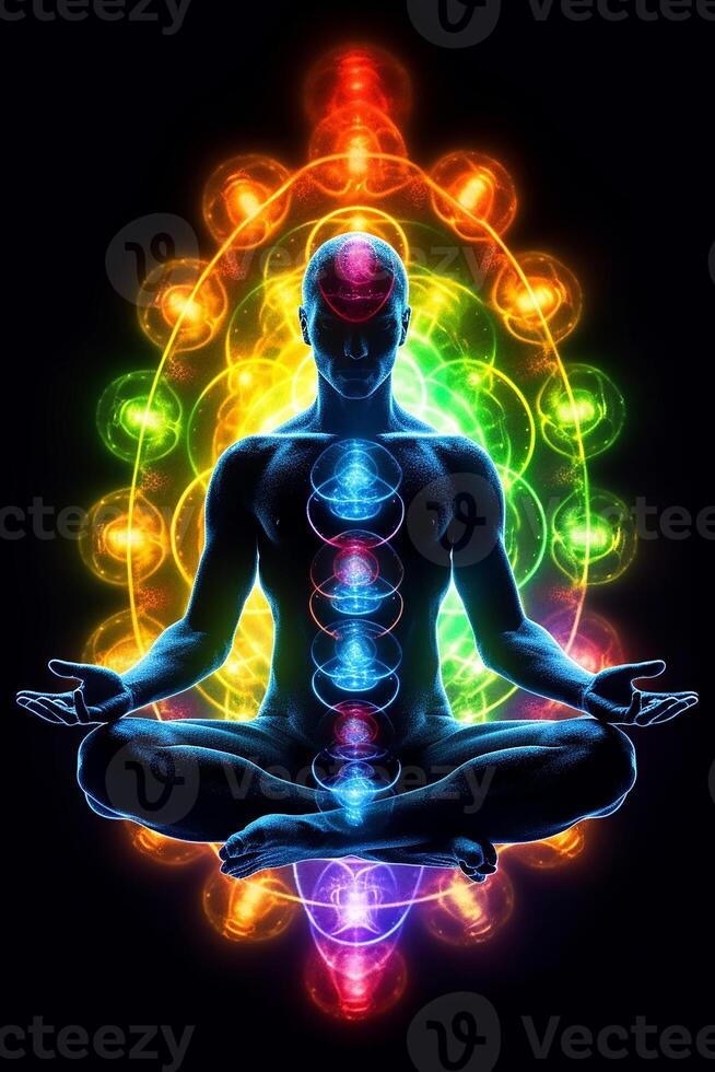 el Siete chakras de yoga meditación. Kundalini energía. generativo ai foto