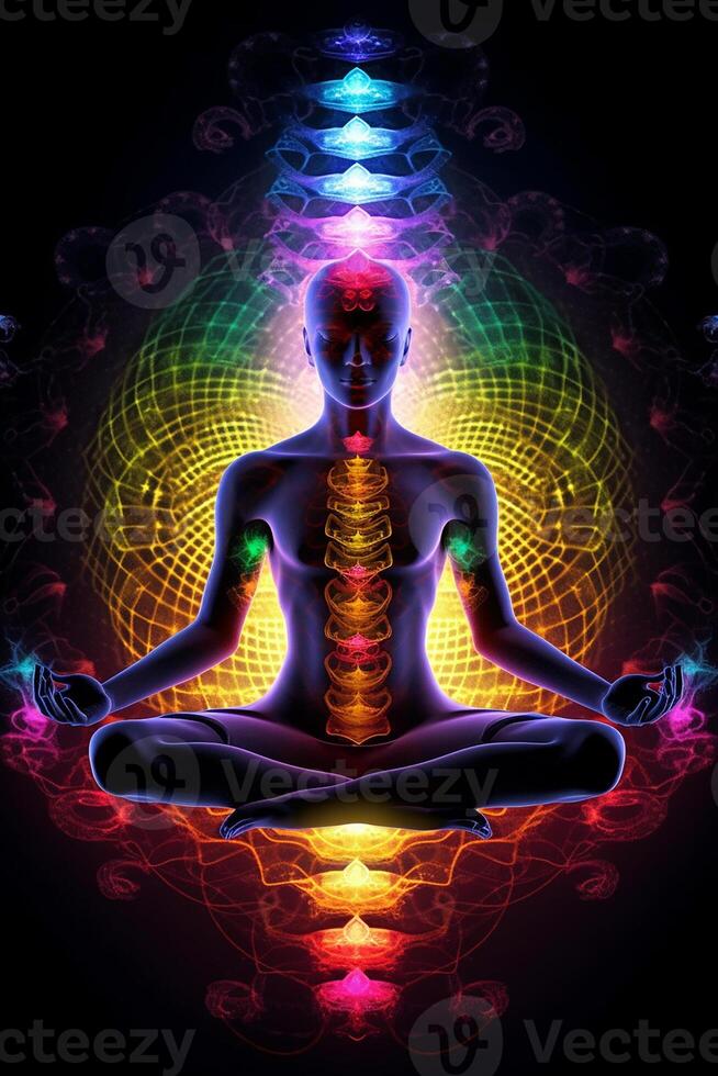 el Siete chakras de yoga meditación. Kundalini energía. generativo ai foto