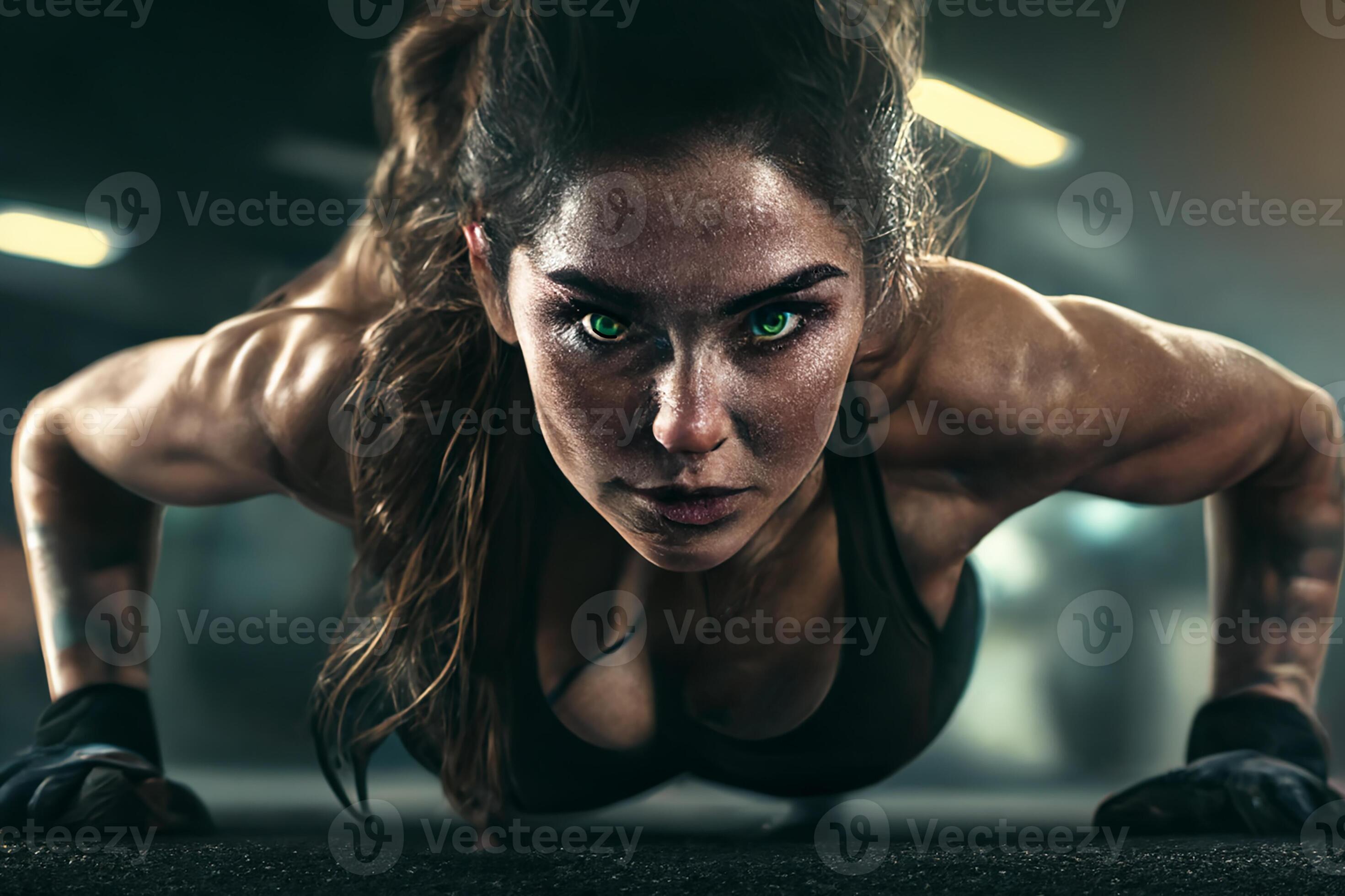 Athletic woman using machine for pumping back muscles in gym, front view  7568479 Stock Photo at Vecteezy