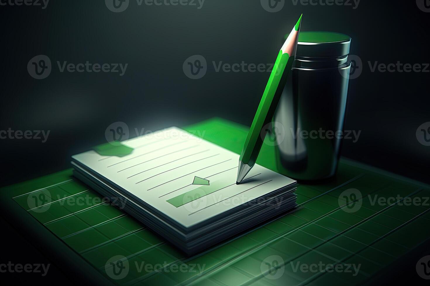 Realistic Pen with Papers and Bottled for Education or Office Supplement on Green Cubes Background. . photo