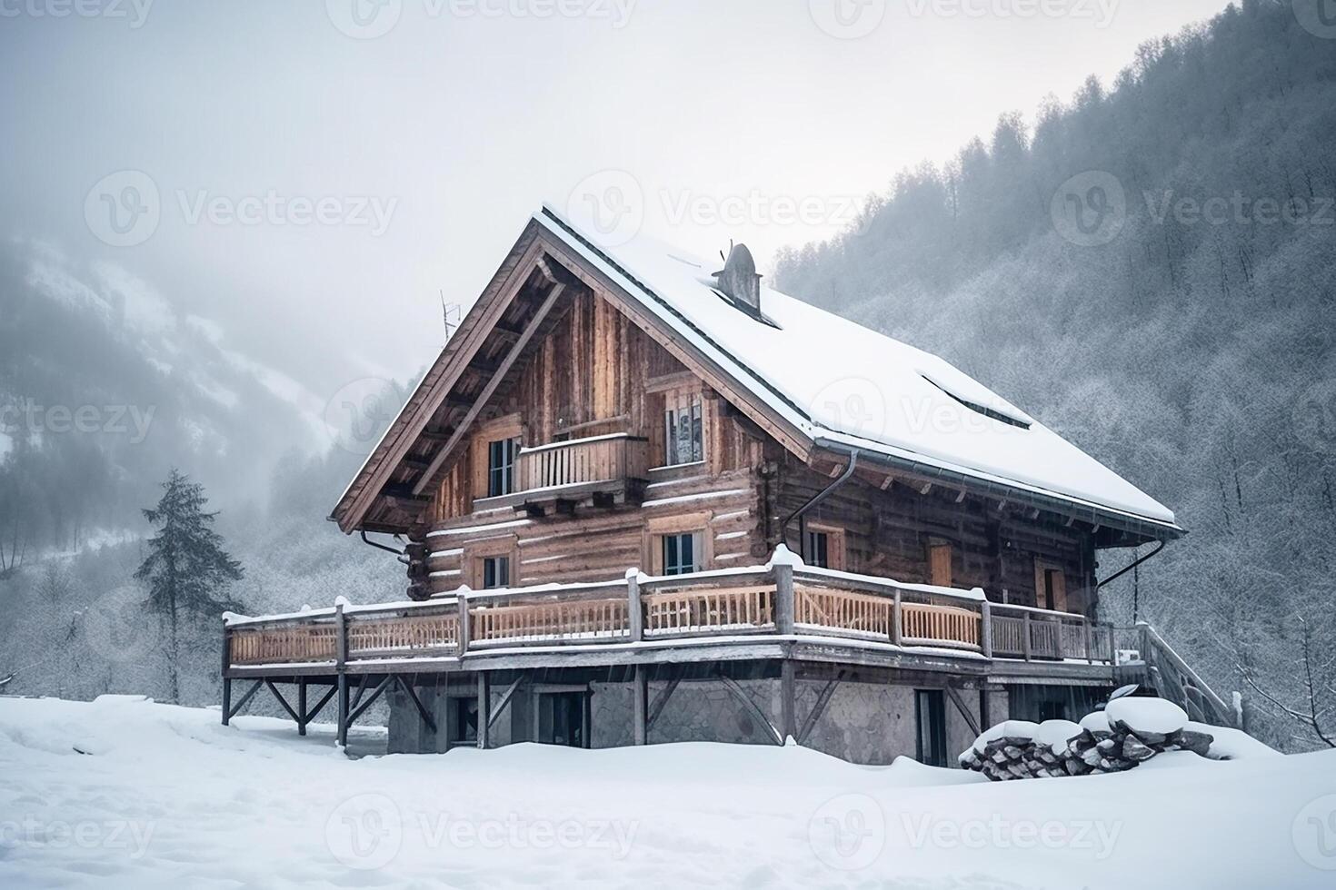 A mountain luxury hotel, a ski hotel against a backdrop of snow-capped mountains. photo