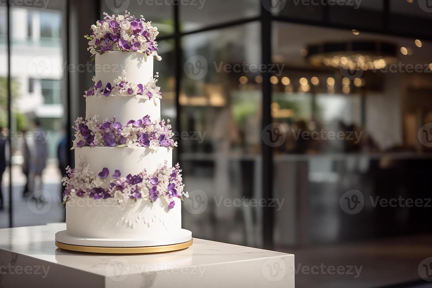 Large wedding cake on the table in the banquet hall. photo