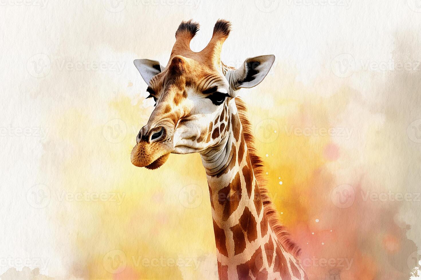 Giraffe, portrait of an animal looking straight ahead, watercolor painting on textured paper. Digital watercolor painting. photo