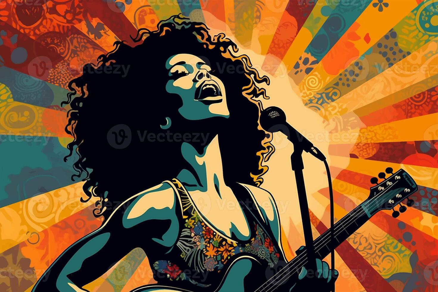 Black singer with a guitar, grunge art. picture. photo
