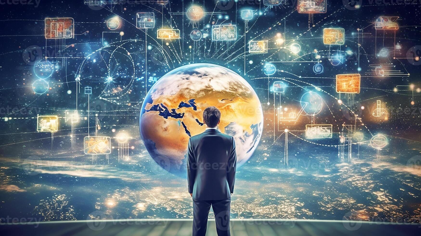 A male businessman builds a marketing strategy against the backdrop of a world map. photo