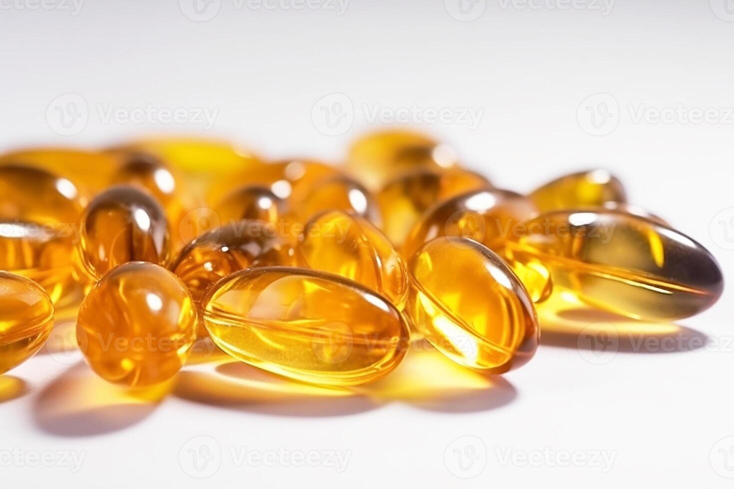 Yellow gel capsules, vitamin E, vitamin D, white background. photo
