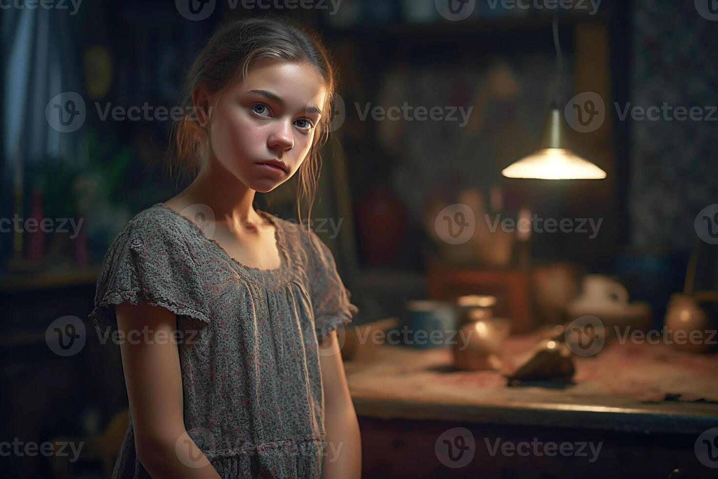 Young Girl in a dress, retro style, 19th century, in a room at a table. photo