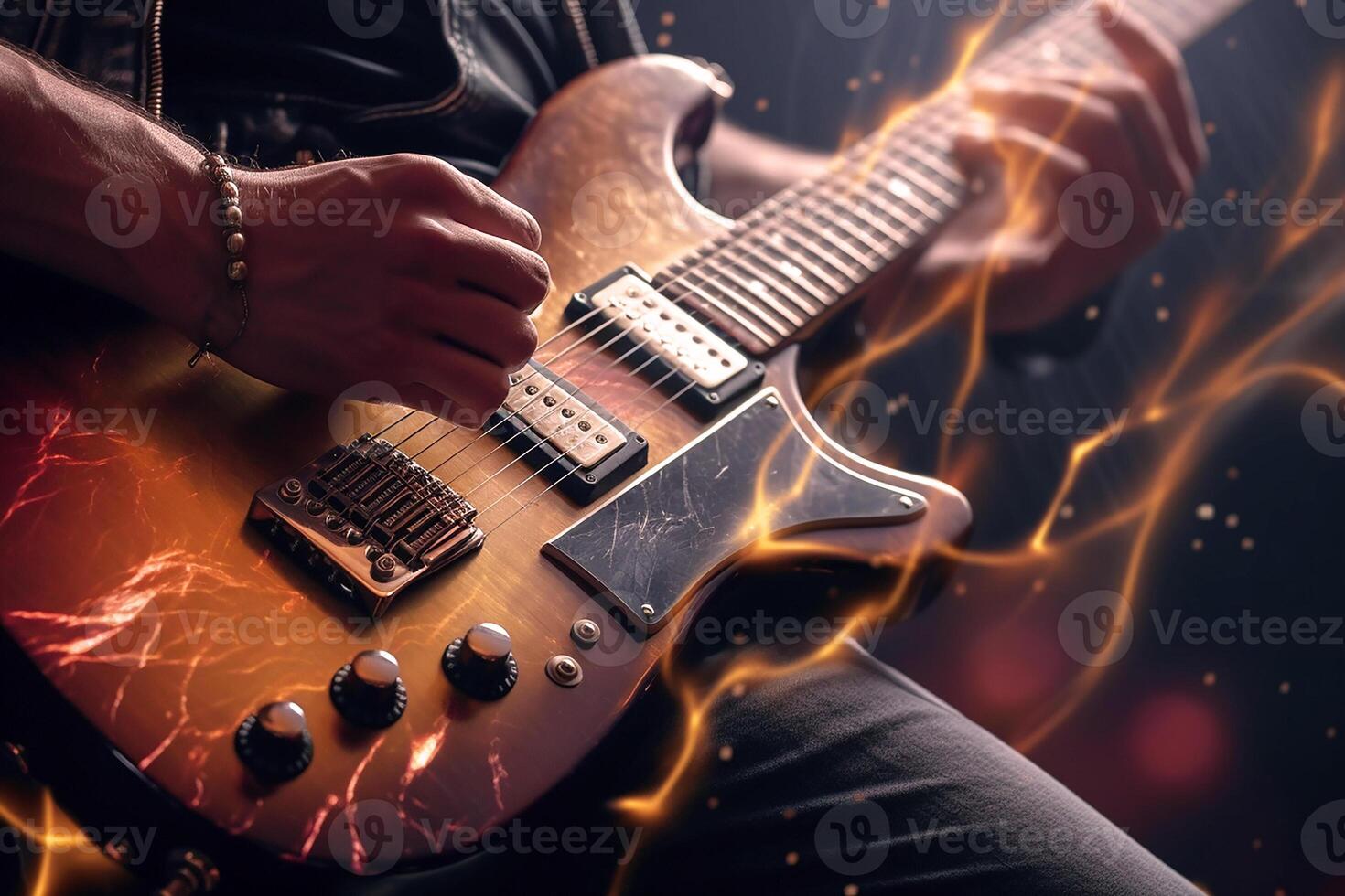 Rock guitarist, metal rockstar playing guitar with lightning on the strings. photo