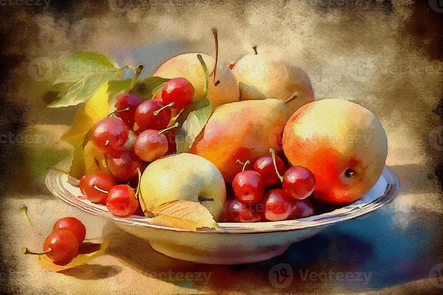 Still life, a plate of fruit on a table, a painting painted in watercolor on textured paper. Digital watercolor painting. photo