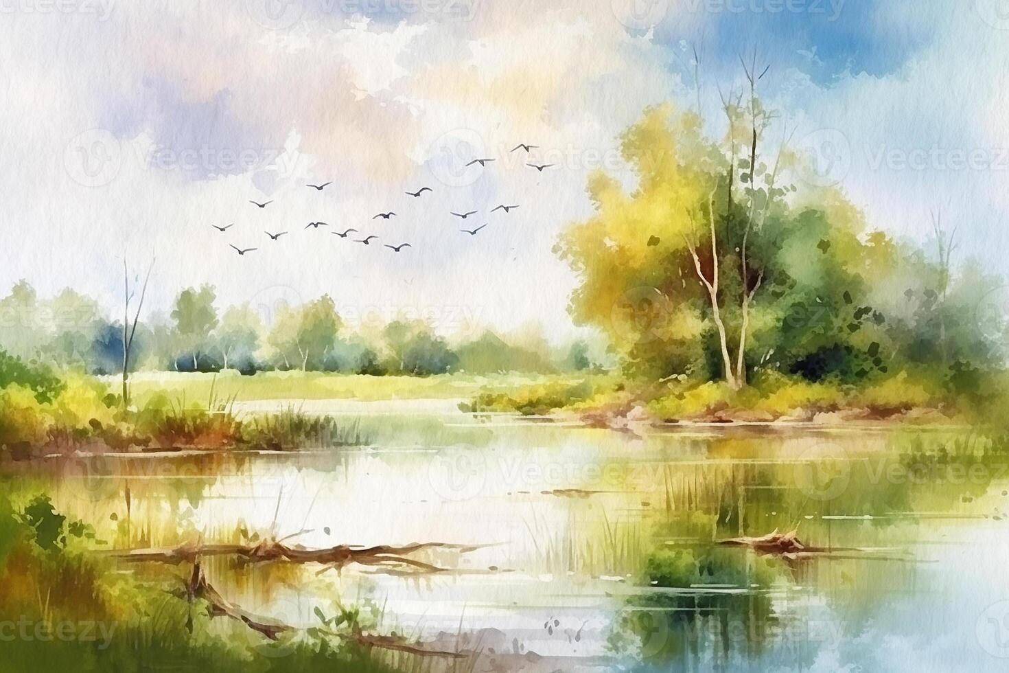 Landscape forest and forest lake with flying birds, watercolor painting on textured paper. Digital watercolor painting. photo