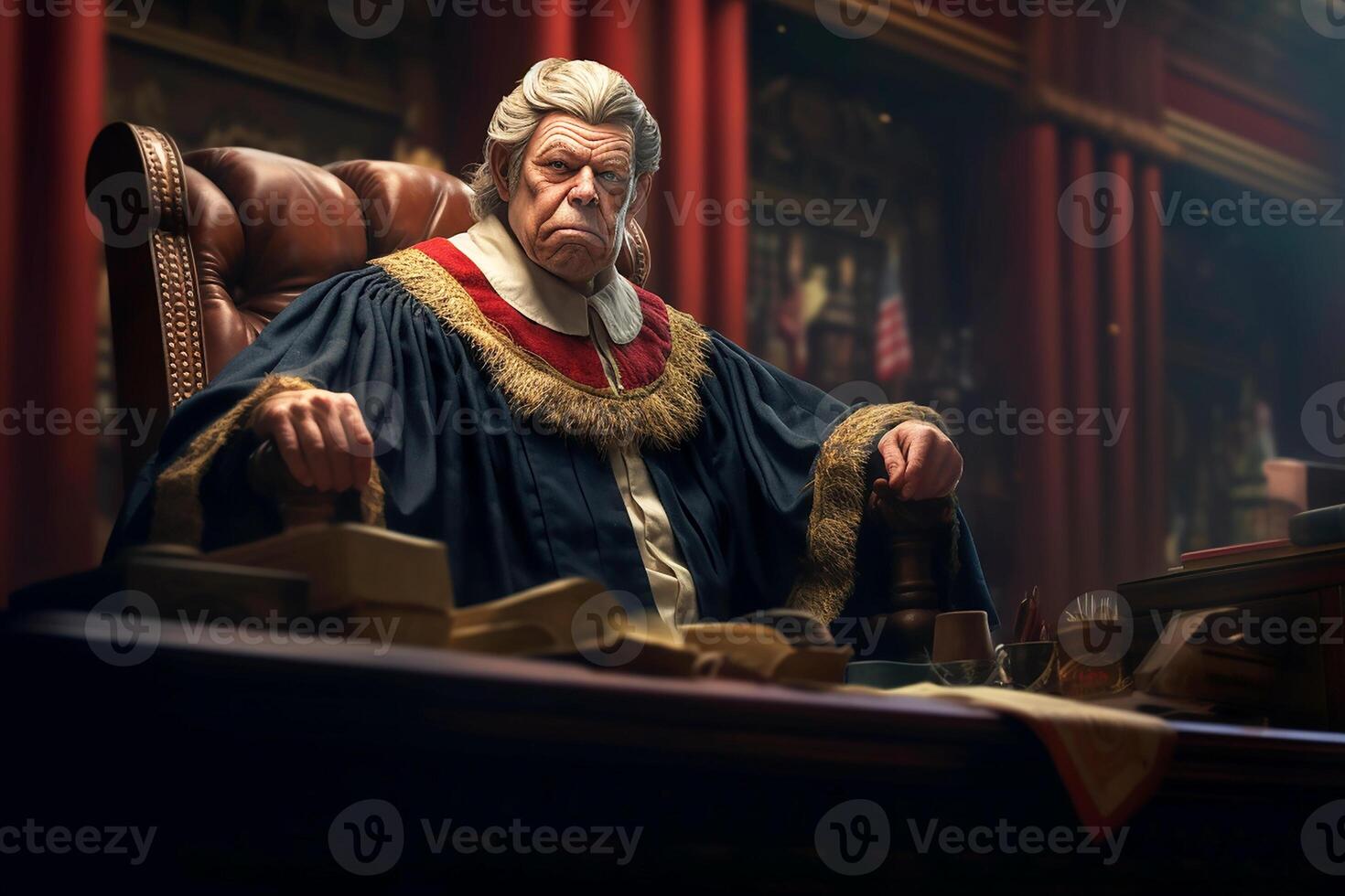 An elderly judge handing down a trumped-up verdict in the courtroom. photo