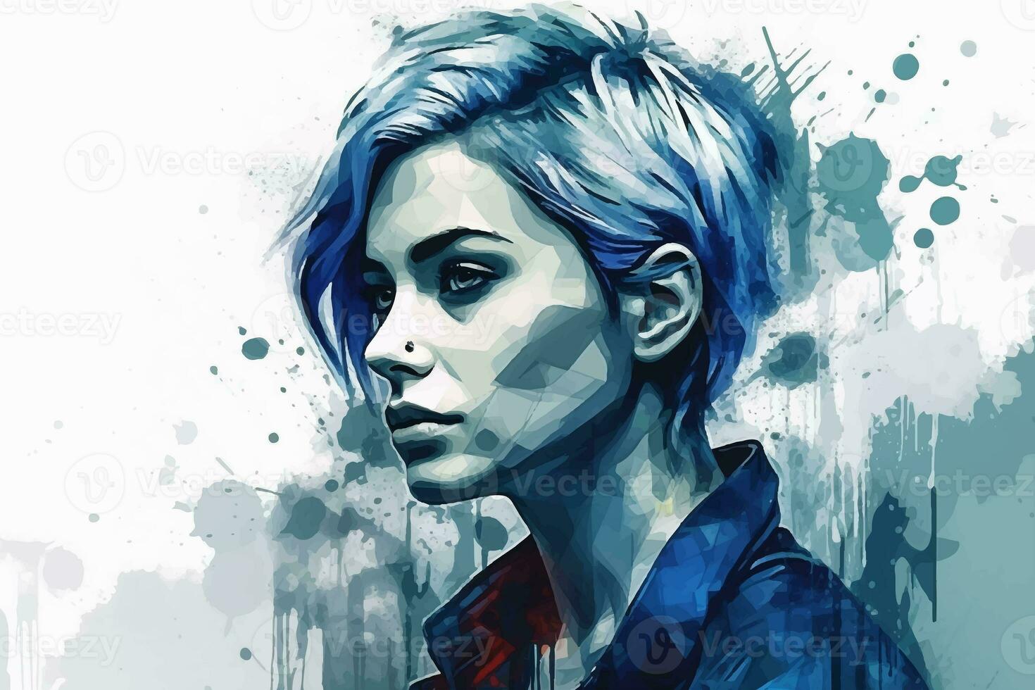 Young attractive girl painted in watercolor on textured paper. Digital watercolor painting photo