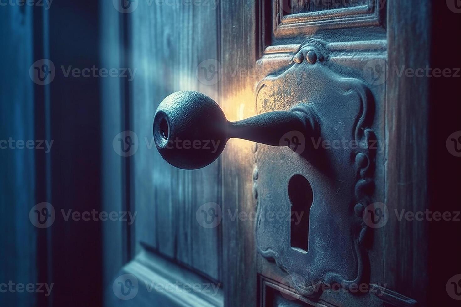 Vintage blue door with keyhole and bright glow. photo