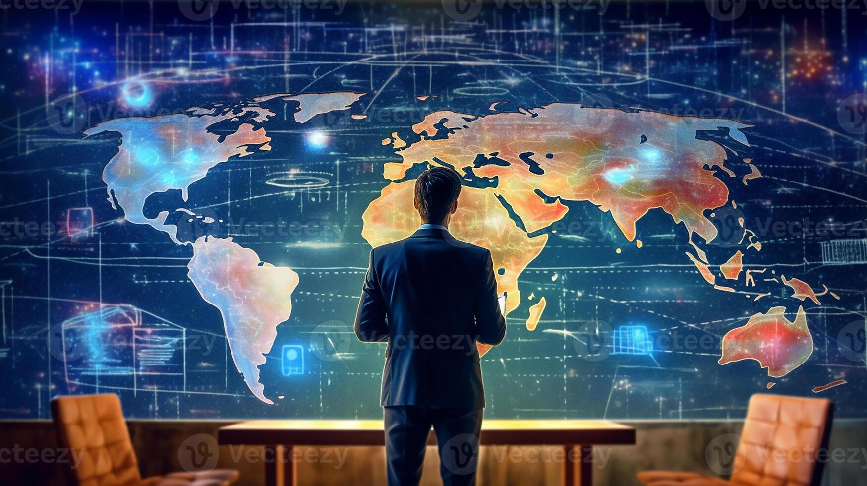 A male businessman builds a marketing strategy against the backdrop of a world map. photo