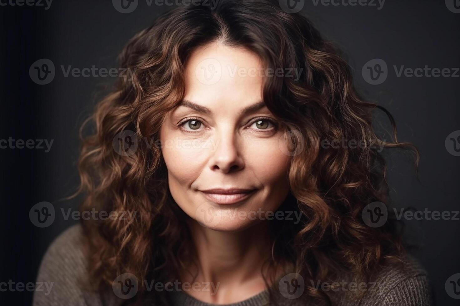 Portrait of a woman with dark hair in her 50s, studio light. photo