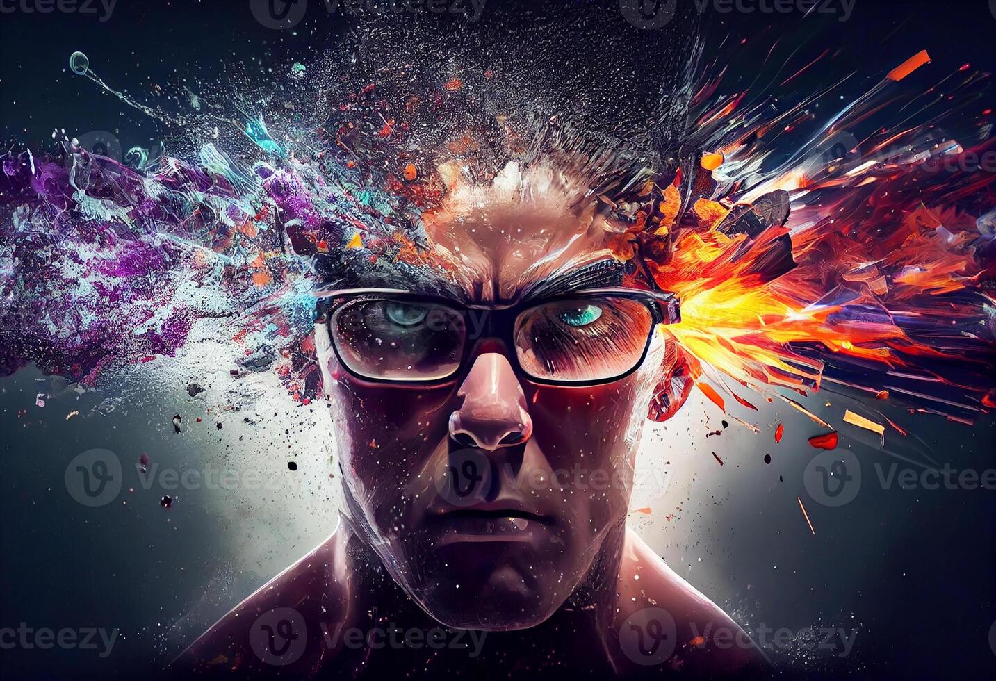 Brainstorm, brain explosion, a man's head against a dark background. photo