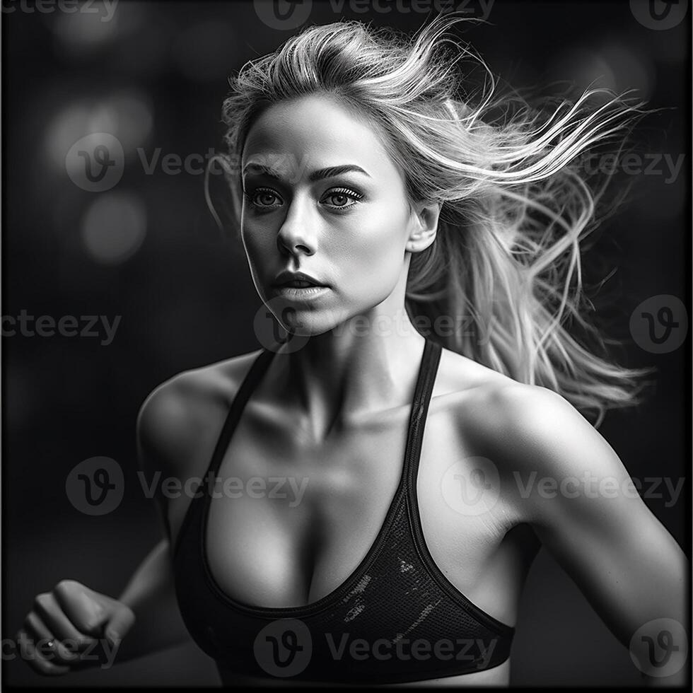 Athletic Young girl in sportswear running through the streets of the city. photo