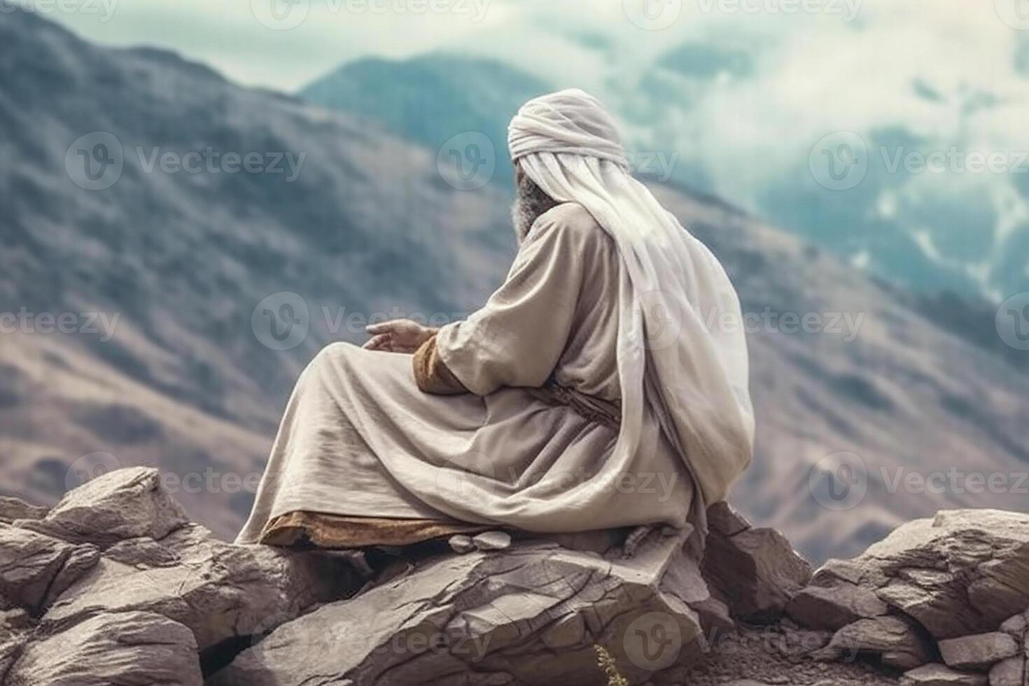 An Arab man dressed in white sits on the edge of a cliff. View from the back. photo