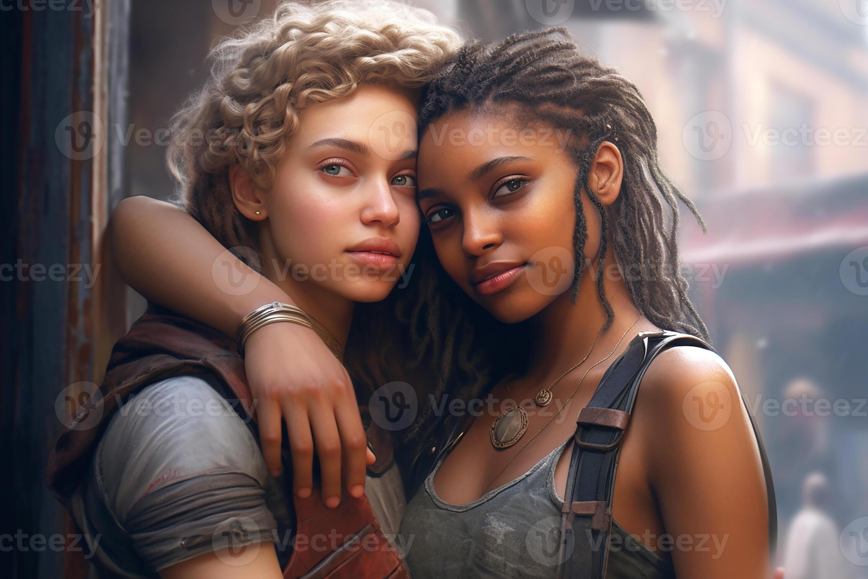 Two young lesbians gently embrace each other. married lesbian couple