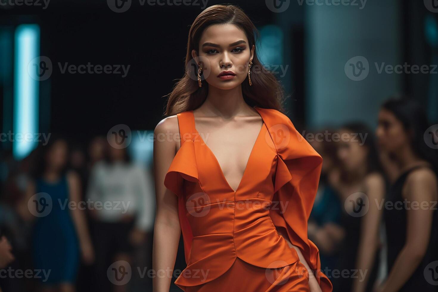 Girl model in a red long evening gown showing on the catwalk. Haute Couture. photo