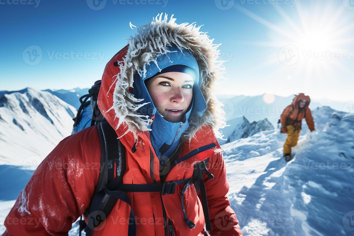 un alpinista niña en un capucha con un mochila en invierno en el montañas  vistiendo esquí gafas de protección. generativo ai 24033278 Foto de stock  en Vecteezy