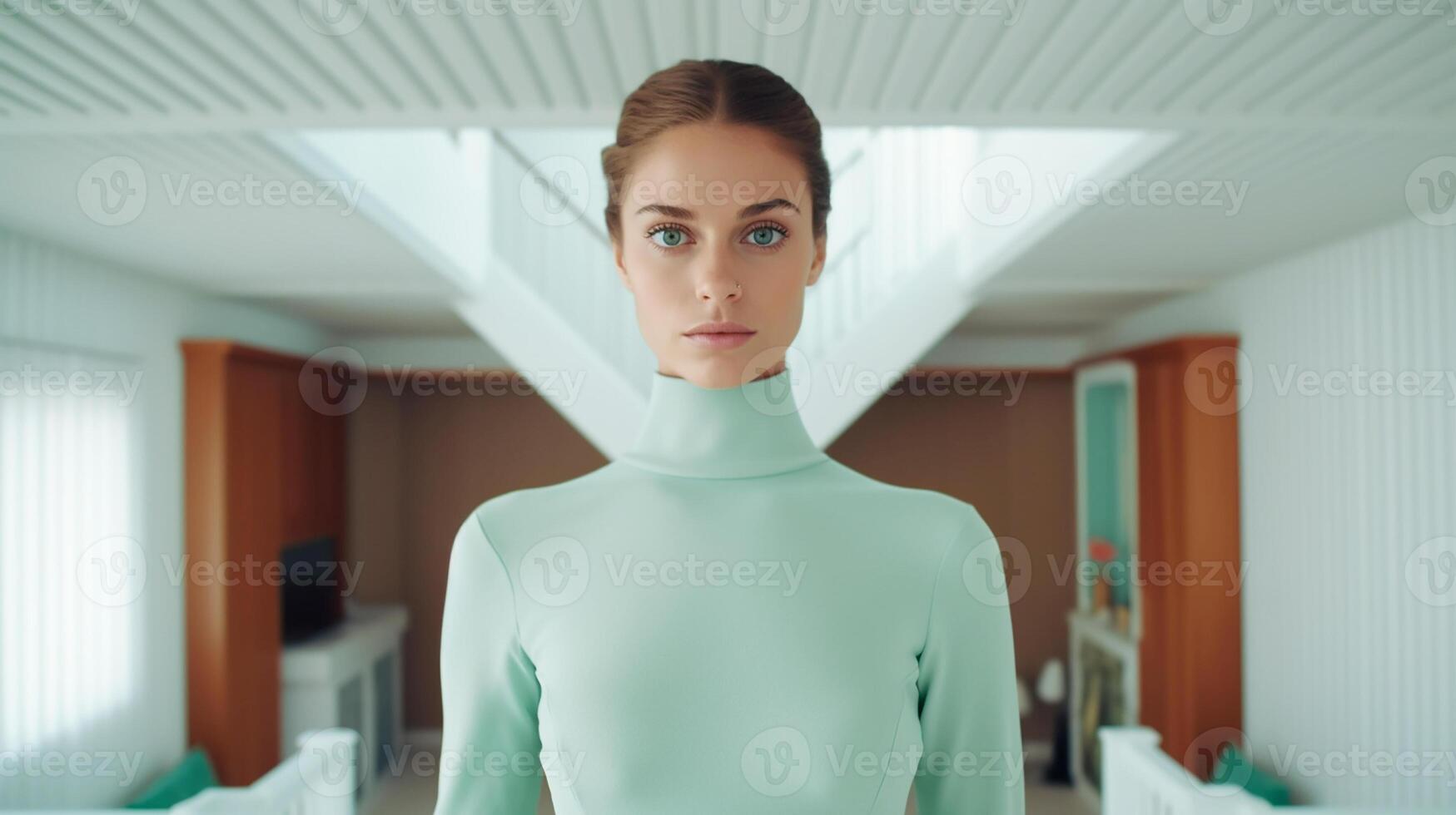 Symmetrical close-up portrait of an expressive French supermodel in a celadon-colored house wearing tight-fitting clothing. photo