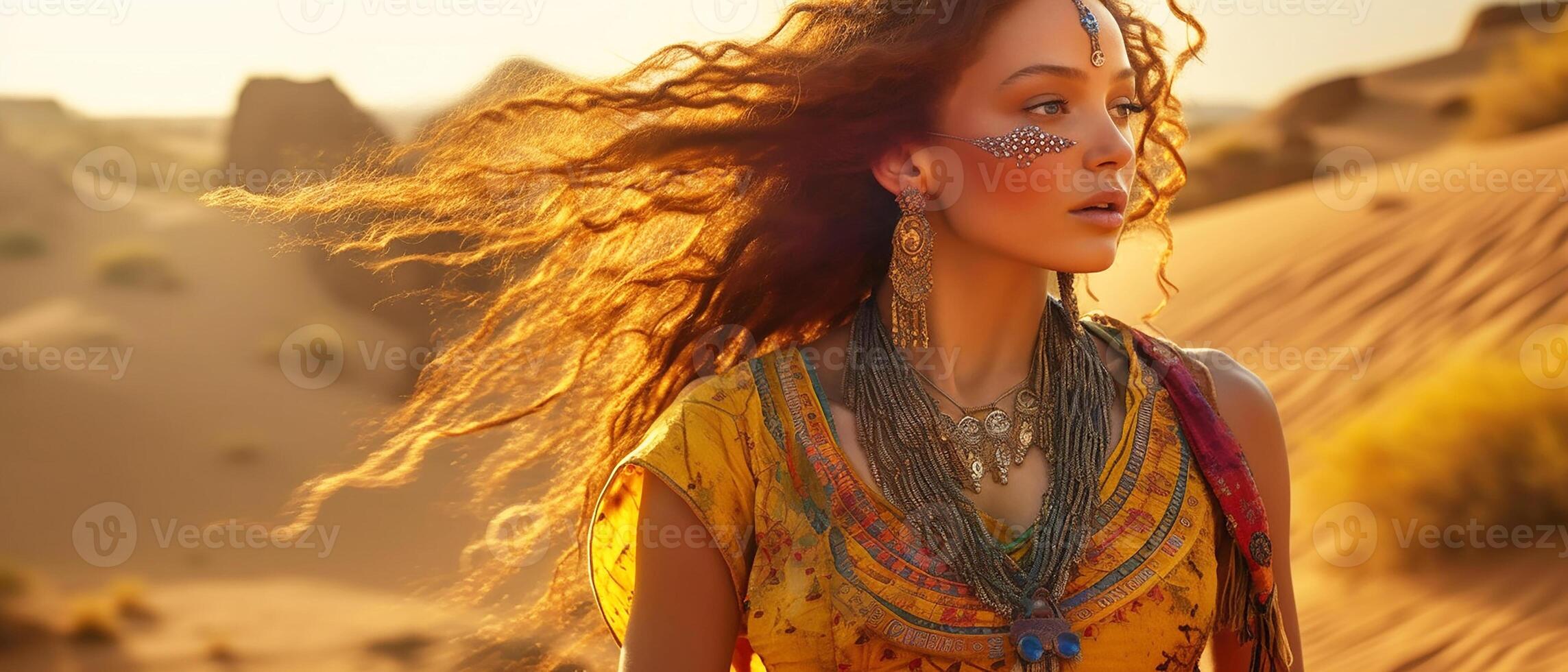 Girl model, Indian girl with red hair, psychedelic yellow desert landscape background. photo
