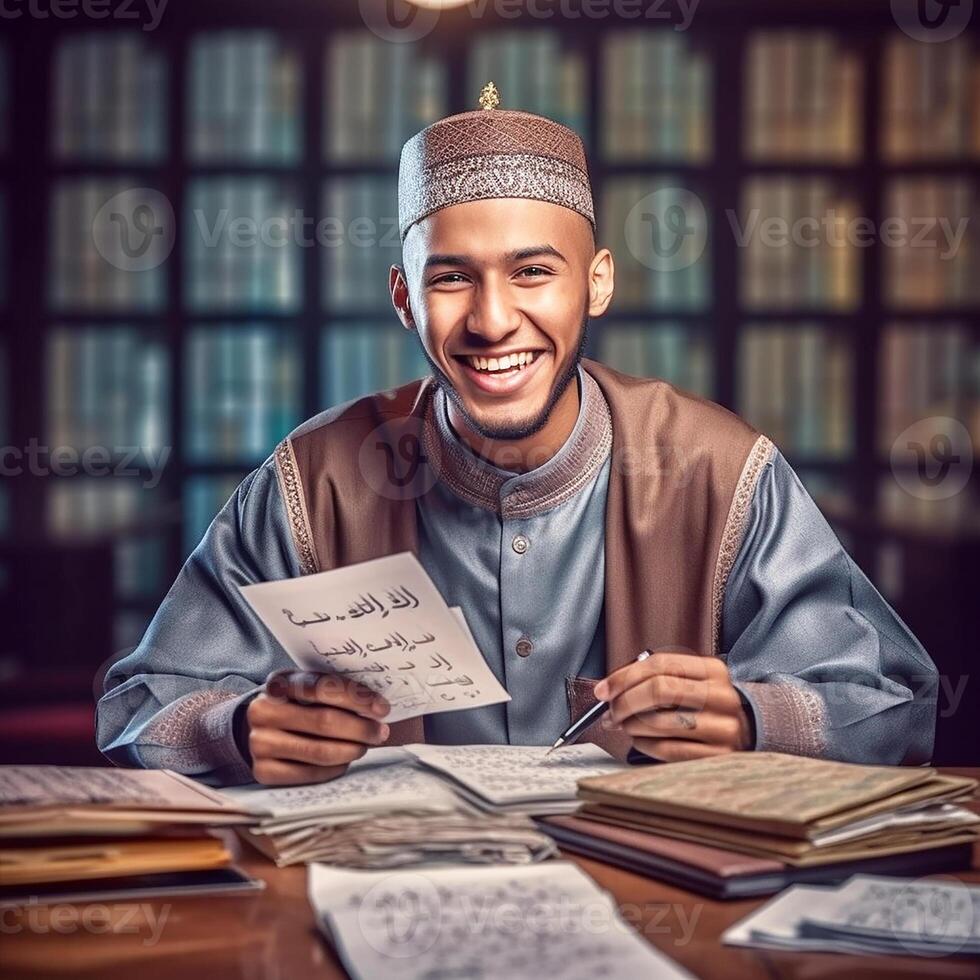 Muslim Arab student, man smiling and scattering papers. photo