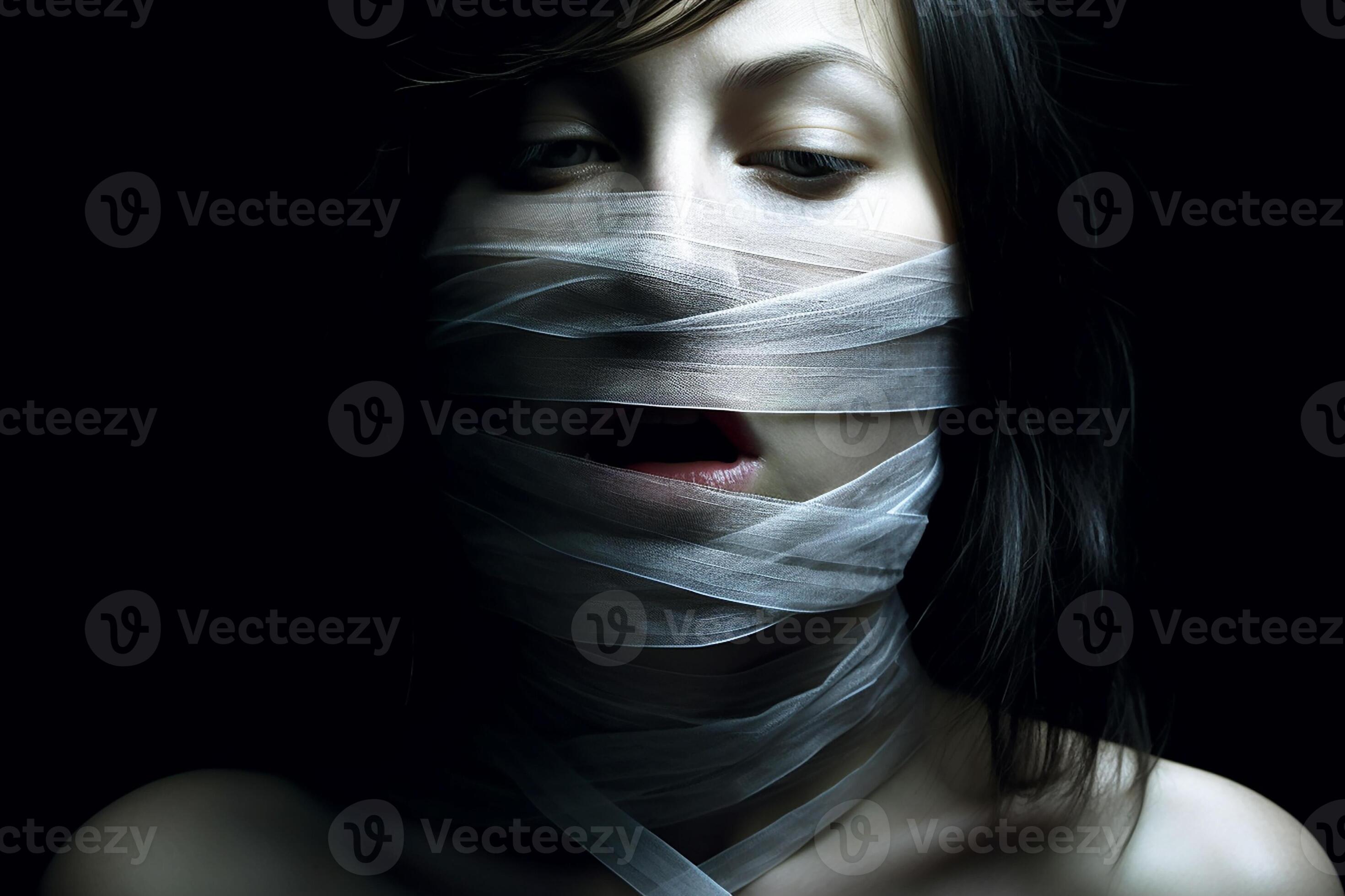 Freedom of speech, ethereal eternal forced muffled, A young girl's mouth crossed with sticky