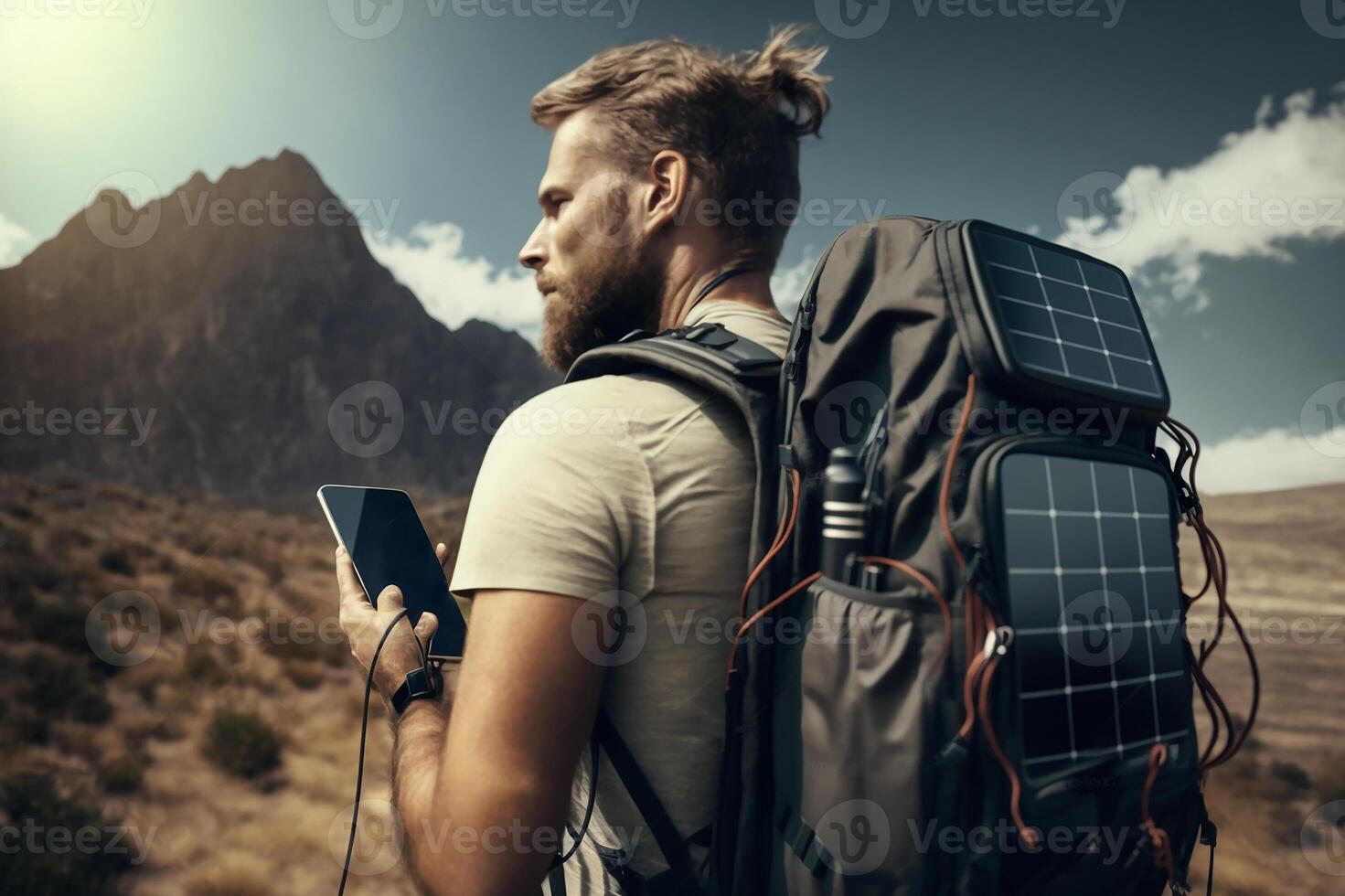 A young man hiking with a backpack that has solar panels attached to charge gadgets. A tech-savvy hiker. A backdrop of mountainous terrain. photo