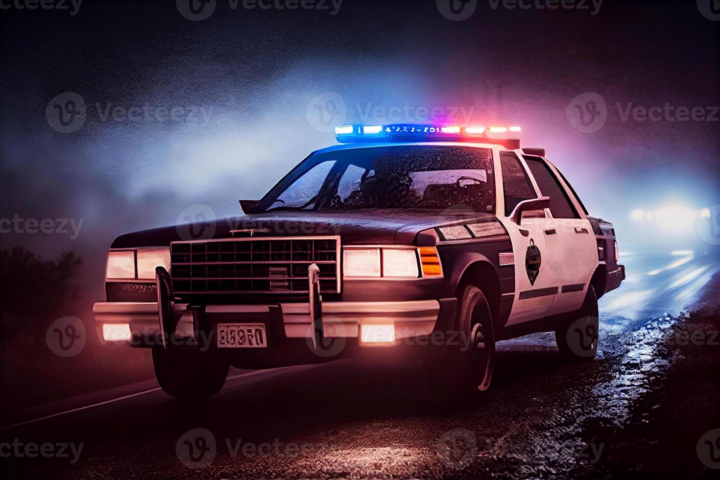 Police lights and a police car on the street. photo