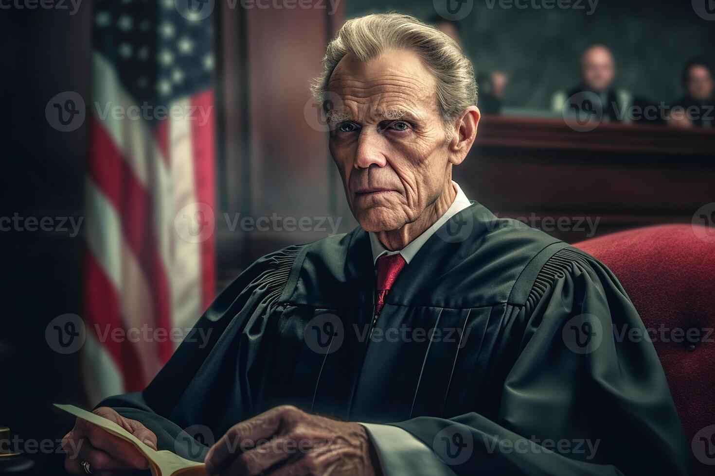 An elderly judge handing down a trumped-up verdict in the courtroom. photo