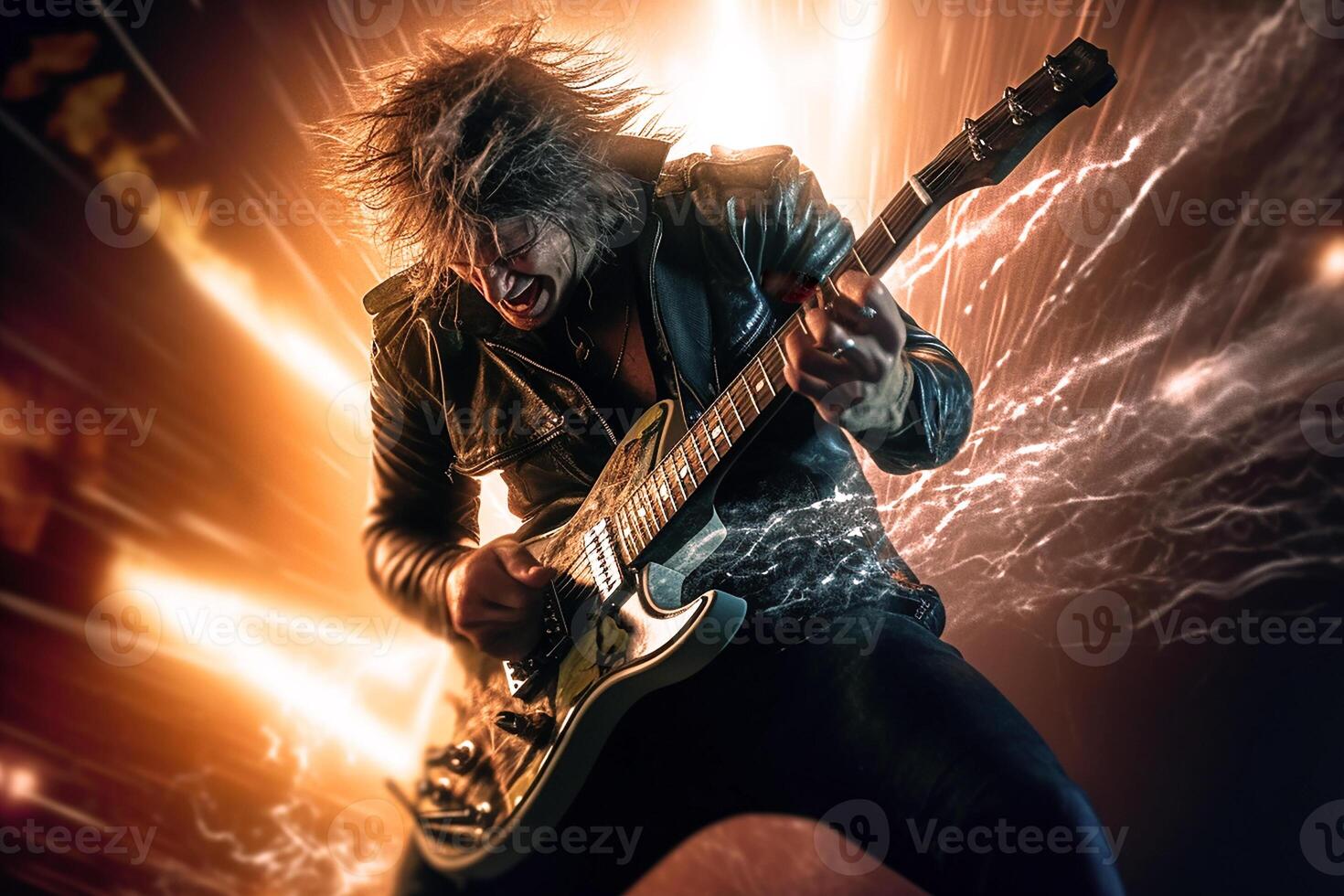 Rock guitarist, metal rockstar playing guitar with lightning on the strings. photo