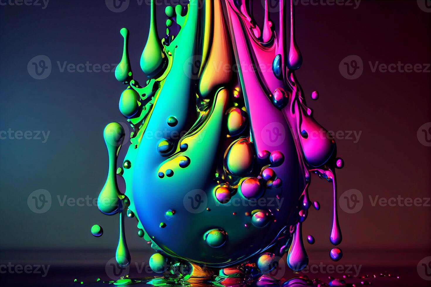 Multicolored colorful big drop of paint flowing down, art. photo