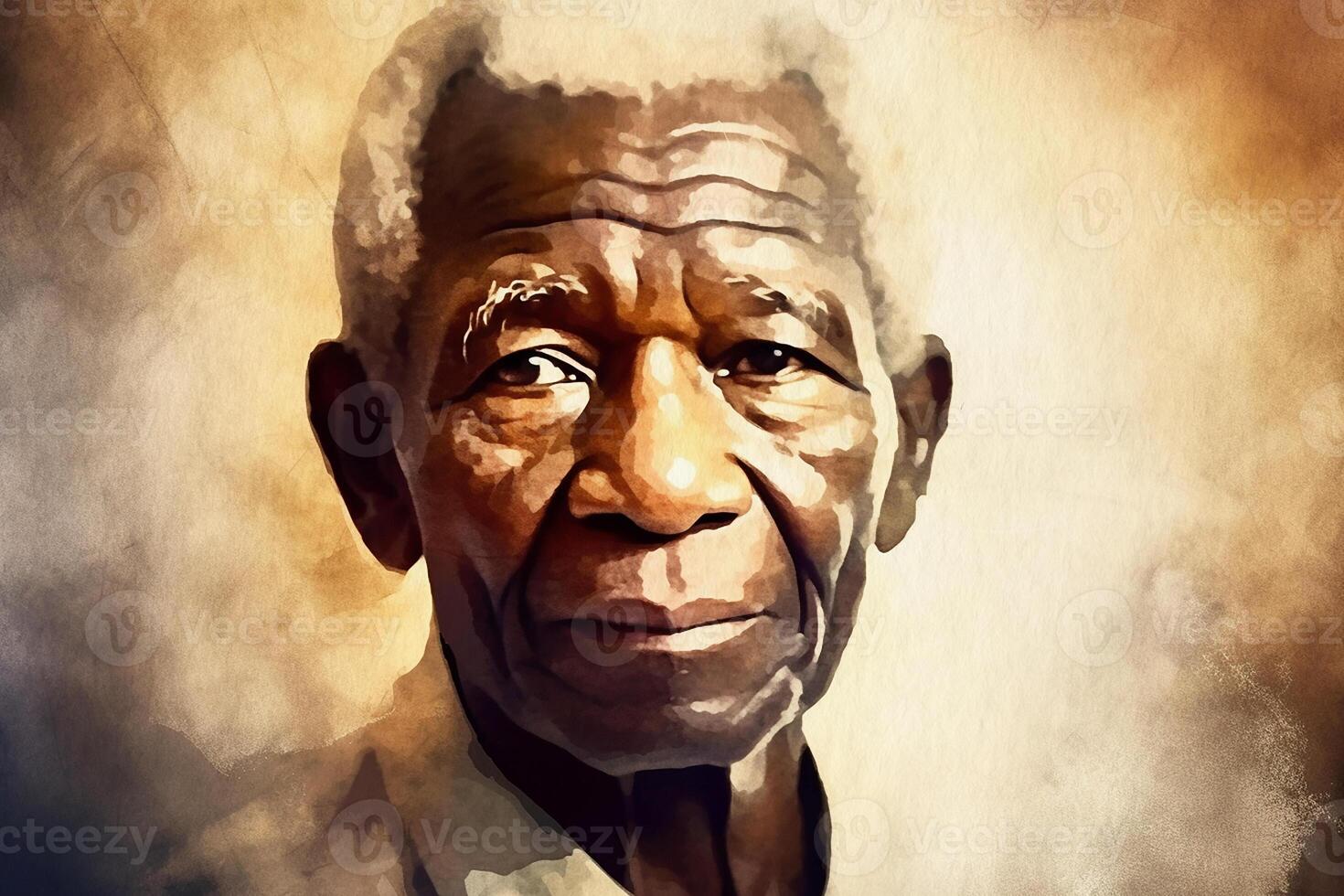 Dark skinned man retro portrait, black man with hat, watercolor painting on textured paper. Digital watercolor painting. photo