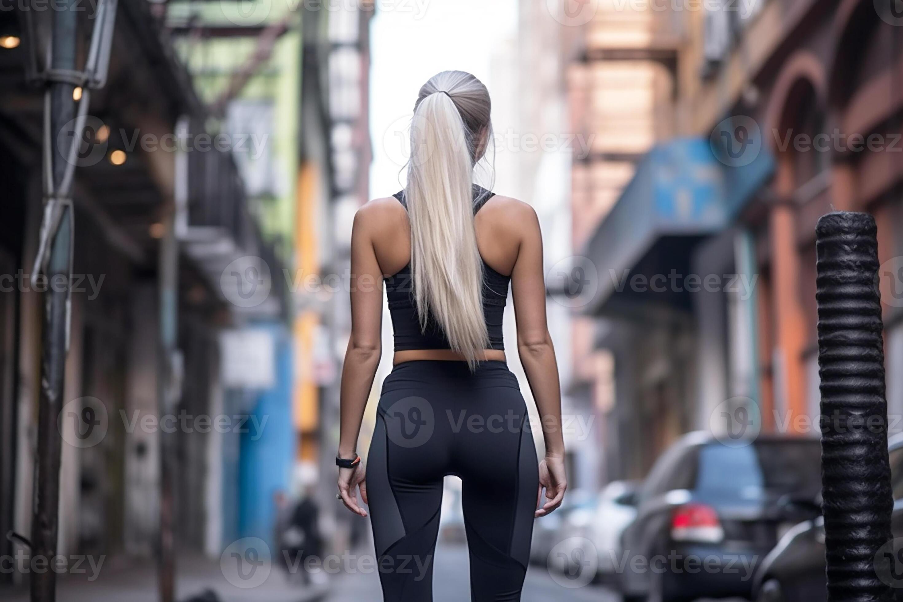 Sporty athletic girl in leggings, rear view. Generative AI
