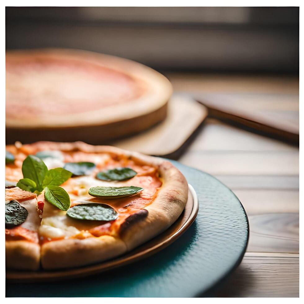 Pizza with interesting topping decoration on the dining table, pro photo