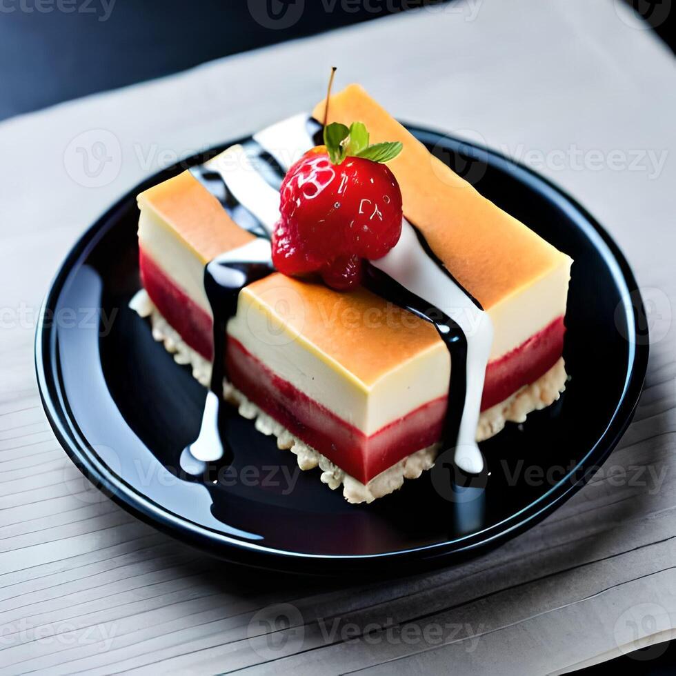 Sweet and romantic dessert cake served on a black plate, photo