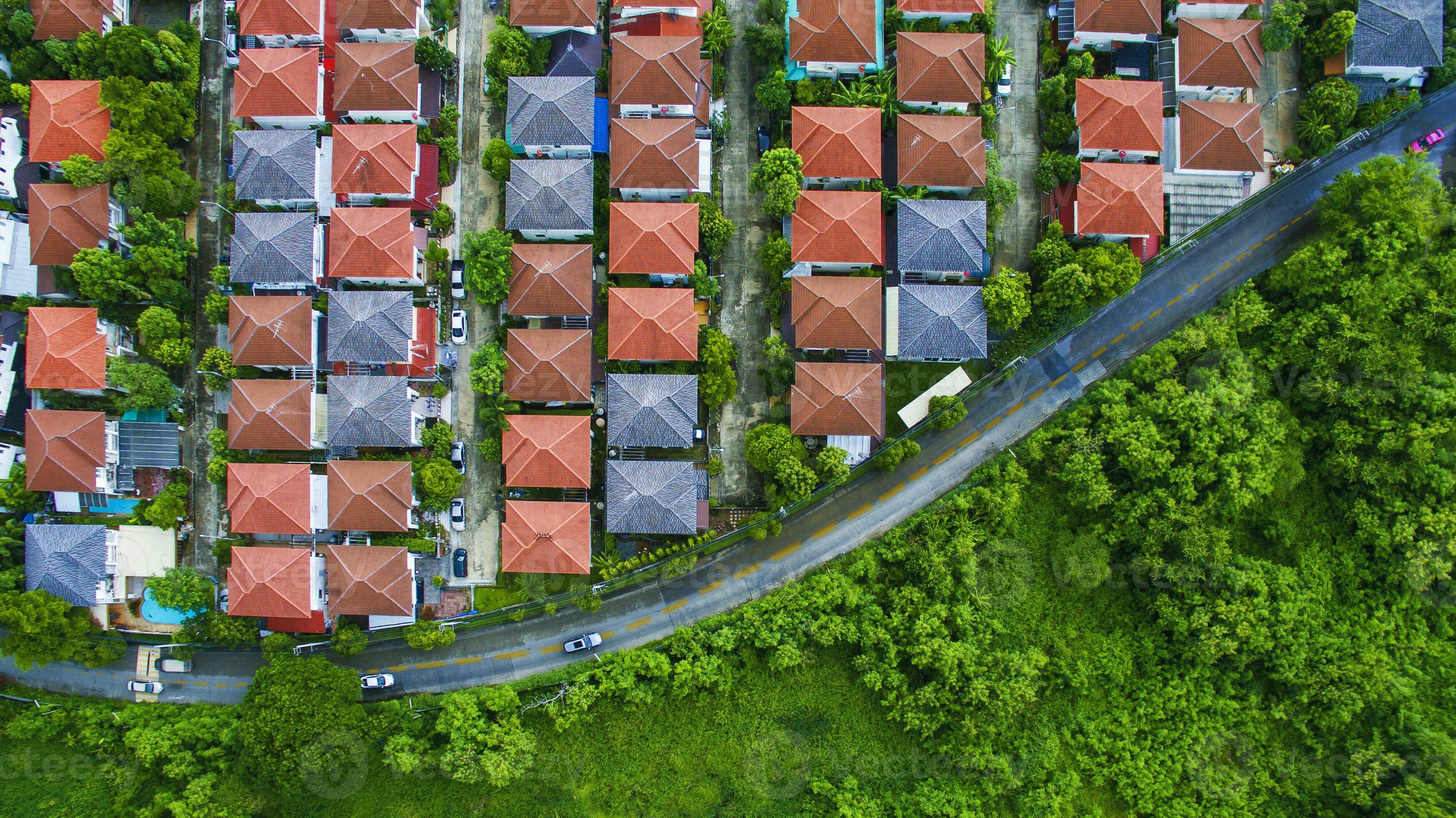Aerial View Of Beautiful Home Village Plan With Curve Street And Green 