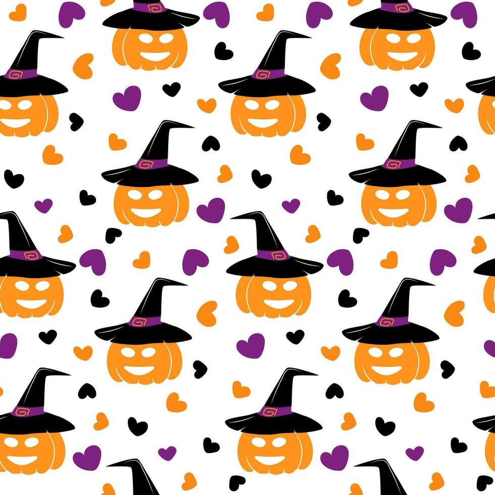 Endless pattern of pumpkin in witch hat with smiling face and hearts around in trendy Halloween hues vector