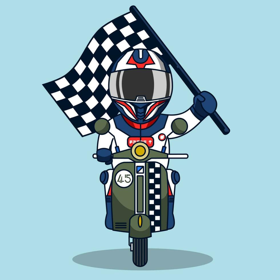 Cute racer riding a red scooter holding a racing flag vector illustration.